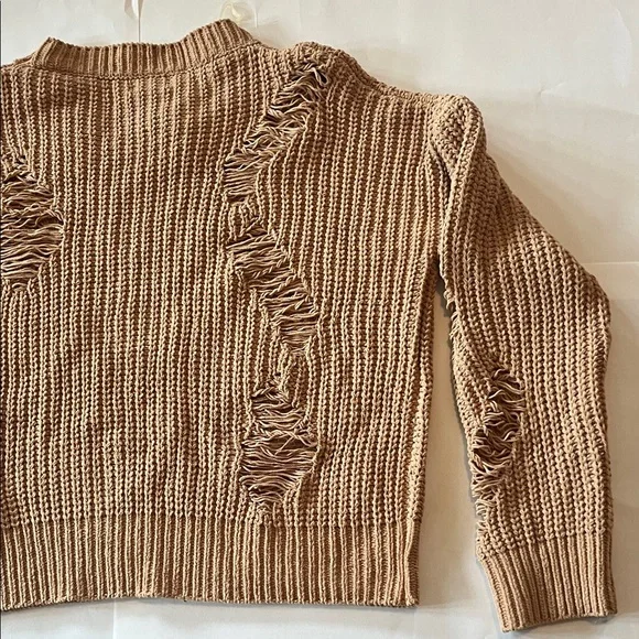 POL Tan Distressed Crew Neck Sweater woman’s oversized small beige chunky top - Picture 8 of 10